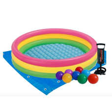Детский надувной бассейн Intex Радужный 131 л 114х25 см винил с шариками подстилкой и насосом Разноцветный (IP-172946)