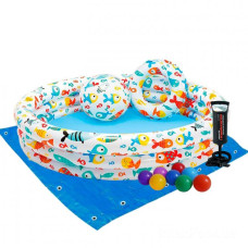 Бассейн детский надувной Intex Аквариум 248 л 132х28 см с шариками насосом мячом и кругом Разноцветный (IP-172980)