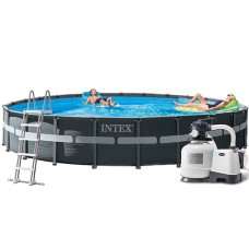 Каркасный бассейн с лестницей Intex 732x132 см, с песочным насосом, тент, подстилка (IP-170401)