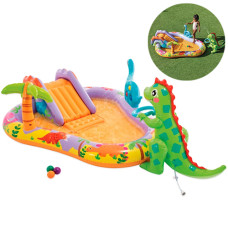 Детский надувной бассейн с горкой и фонтаном Intex, Динопарк 201х157 см, 159 л (56139-INT)