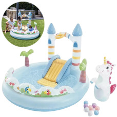 Детский надувной бассейн с горкой и фонтаном Intex, Замок Единорога 196-178 см, 234 л (56148-INT)