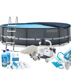 Каркасний басейн Max Intex 26326-10в1, 488 x 122 см (басейн, підстилка, драбина, фільтр 7 900 л/год, пісок, альгенікс, хлор таблетки, тент, скіммер, пилосос)