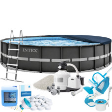 Каркасний басейн Max Intex 26340-10в1, 732 x 132 см (басейн, підстилка, драбина, фільтр 12 000 л/год, пісок, альгенікс, хлор таблетки, тент, скіммер, пилосос)