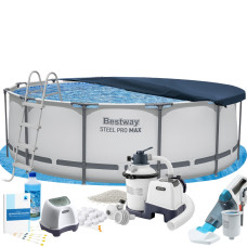 Каркасний басейн MaxPro Bestway 56420-11в1, 366 х 122 см (басейн, підстилка, драбина, фільтр 3 500 л/год, пісок, хлоргенератор 4 г/год, сіль, альгенікс, тент, скіммер, акум. пилосос)