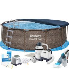 Каркасний басейн MaxPro Bestway 56709-11в1, 366 x 100 см (басейн, підстилка, драбина, фільтр 3 500 л/год, пісок, хлоргенератор 4 г/год, сіль, альгенікс, тент, скіммер, акум. пилосос)