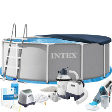 Каркасний басейн Intex MaxPro 26718FR-11в1, 366 х 122 см (басейн, підстилка, драбина, фільтр 3 500 л/год, пісок, альгенікс, хлоргенератор 4 г/год, сіль, тент, скіммер, акум. пилосос)