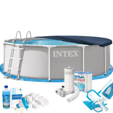 Каркасний басейн Max Intex 26716-10в1, 366 х 99 см (басейн, підстилка, драбина, фільтр 3 785 л/год, картриджі, альгенікс, хлор таблетки, тент, сачок, пилосос)