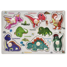Деревянный пазл-вкладыш Динозавры 53972-10 ручка-держатель, в пленке Деревянный пазл-вкладыш Динозавры 53972-10 ручка-держатель, в пленке